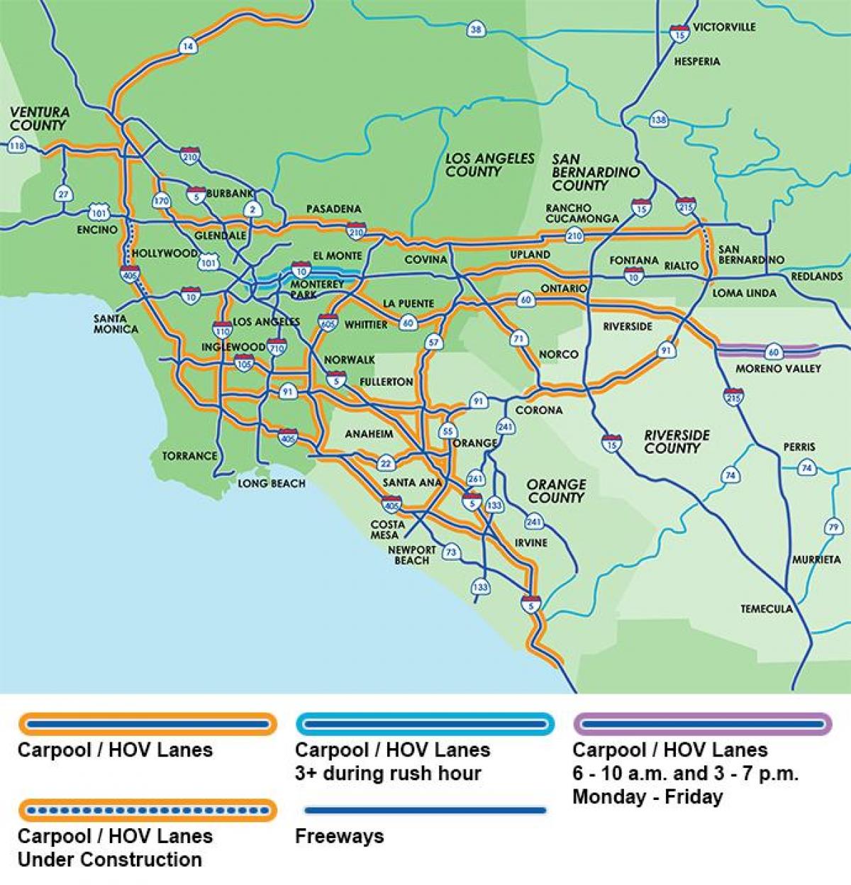 ロサンゼルスの高速道路carpoolレーンの地図